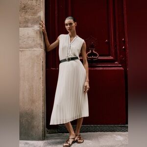 ZARA Pleated Midi Skirt Flowy with Belt Sz M White NEW
